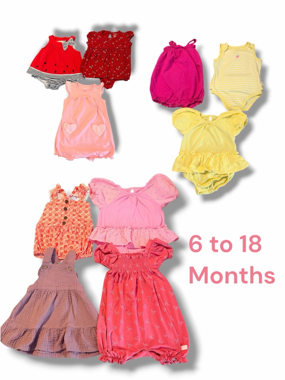 Mixed Baby Girl Romper & Dress Lot of 10 Pieces - Pink, Coral, Yellow, Red